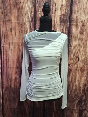 Trendy boutique White Ruched Sheer-Yoke Long Sleeve Top Size Medium